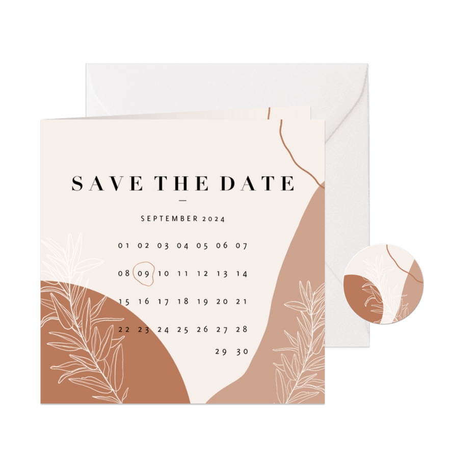 Trendy Save the Date kalender abstracte vormen en plantje - Kaartimpressie