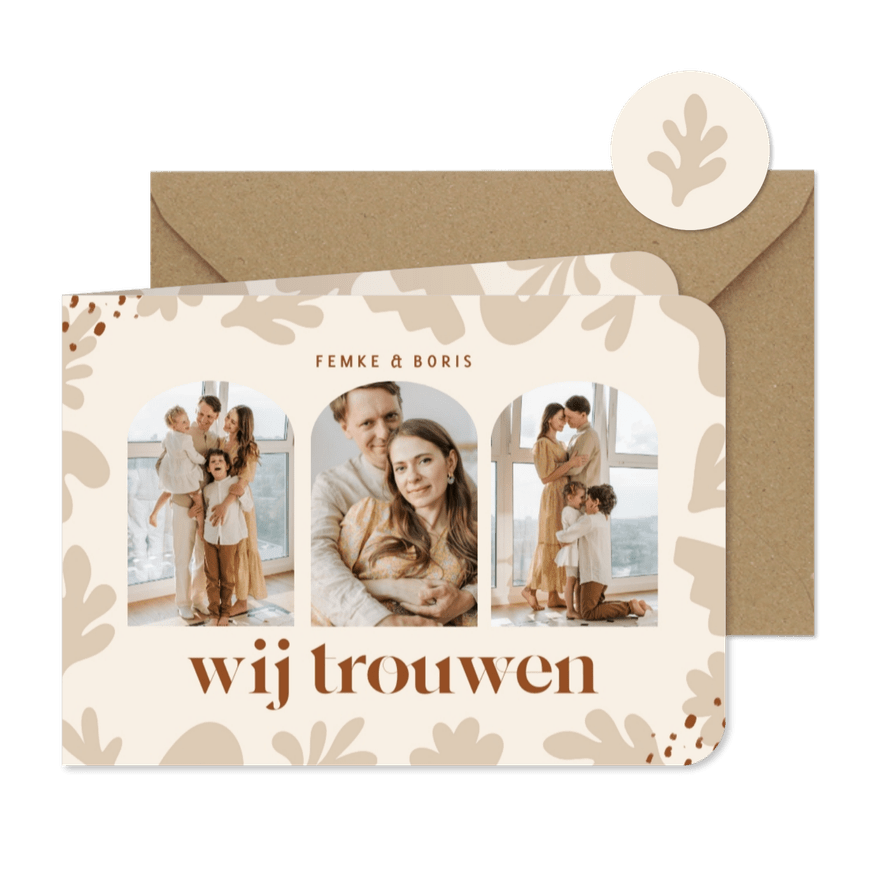 Trendy trouwkaart met foto's en abstracte vormen beige - Kaartimpressie