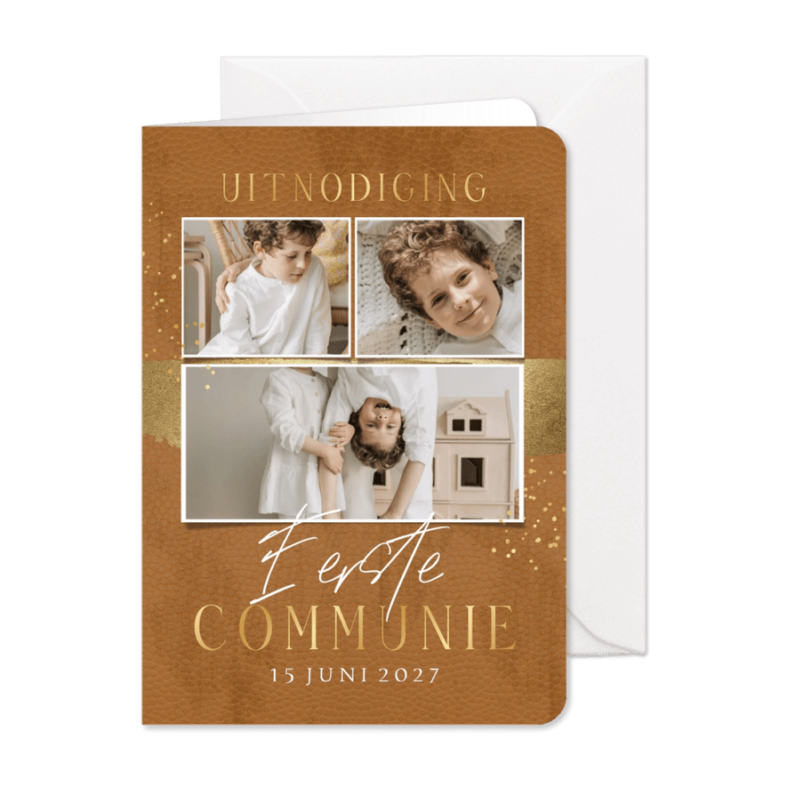 Trendy uitnodiging eerste communie collage goud spetters - Kaartimpressie