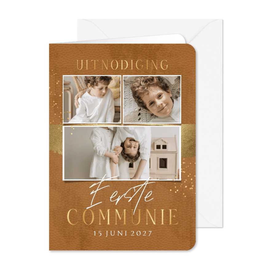 Trendy uitnodiging eerste communie collage goud spetters - Kaartimpressie
