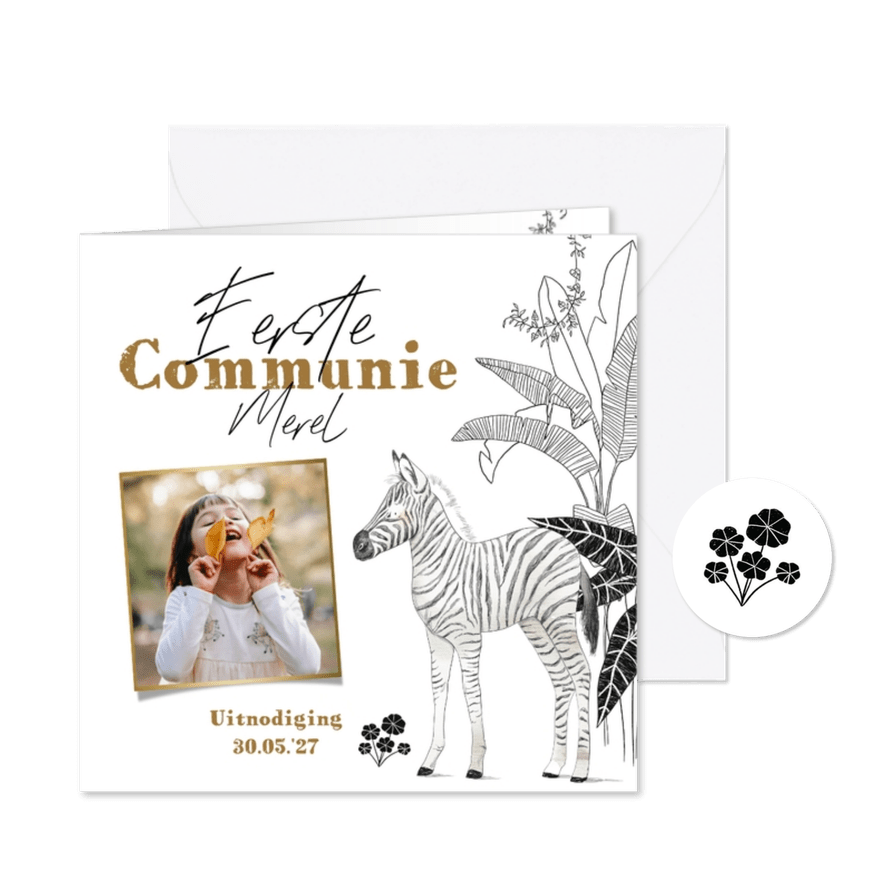 Trendy uitnodiging eerste communie zebra jungle foto - Kaartimpressie