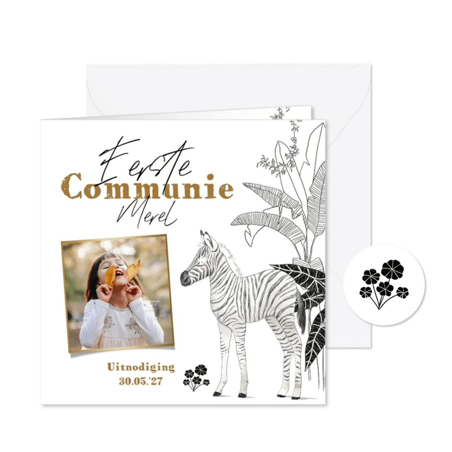 Trendy uitnodiging eerste communie zebra jungle foto - Kaartimpressie