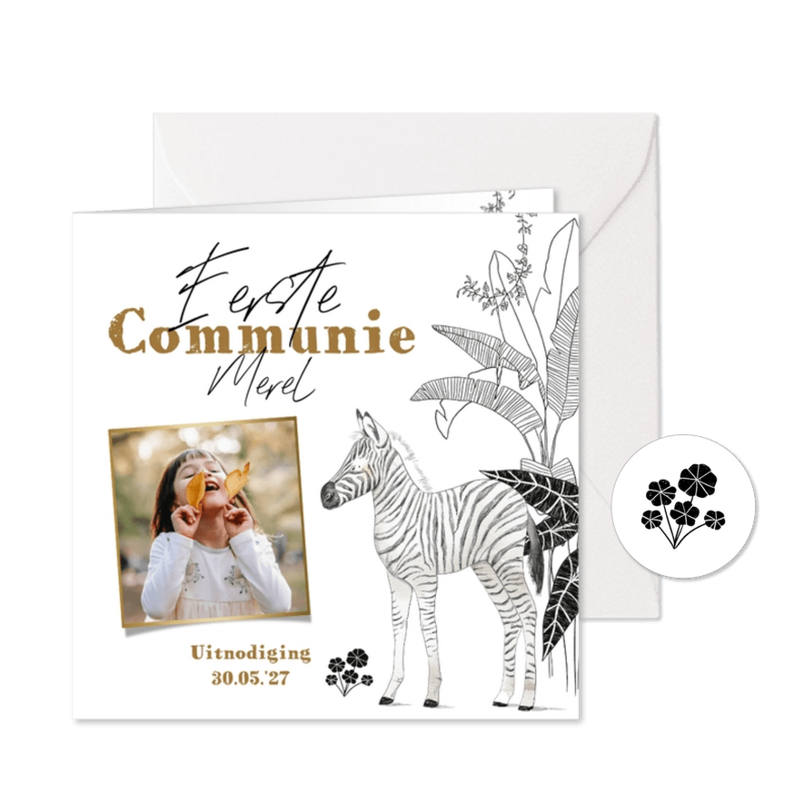 Trendy uitnodiging eerste communie zebra jungle foto - Kaartimpressie
