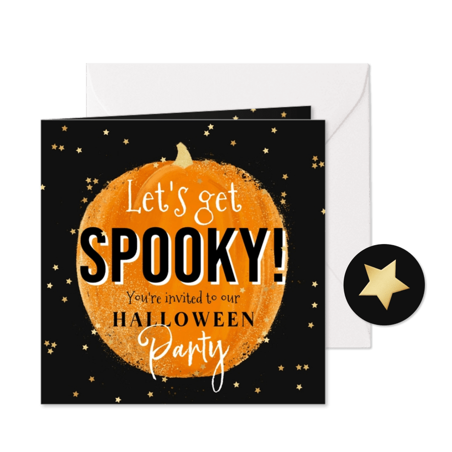 Trendy uitnodiging Halloweenparty spooky pompoen ster goud - Kaartimpressie