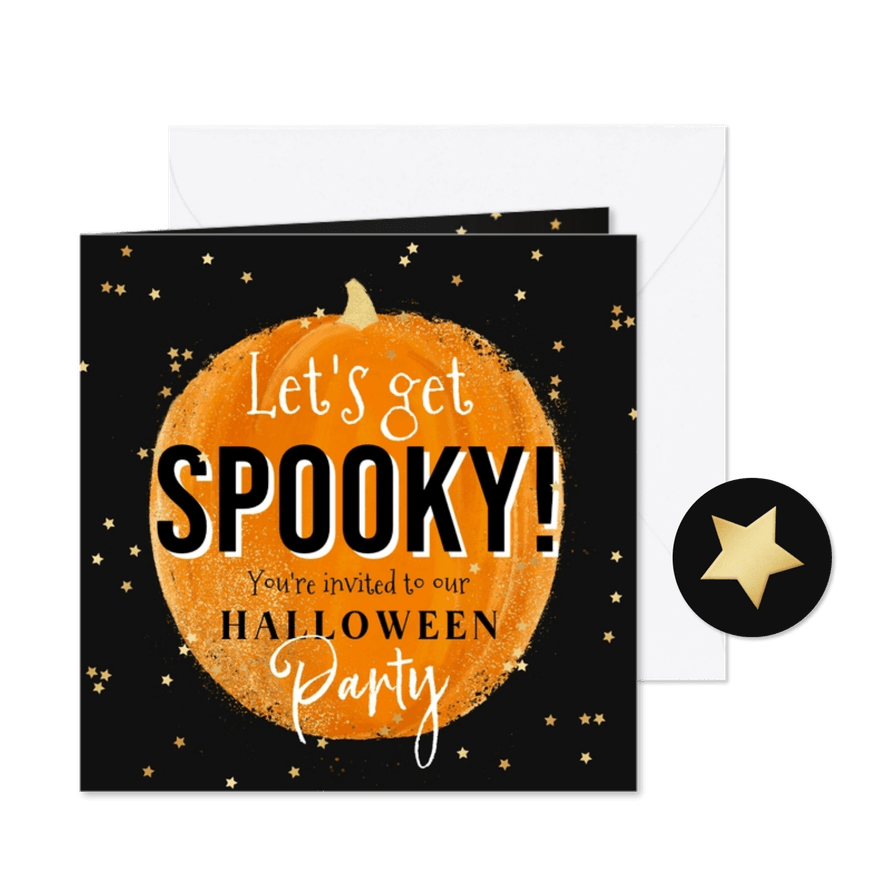 Trendy uitnodiging Halloweenparty spooky pompoen ster goud - Kaartimpressie