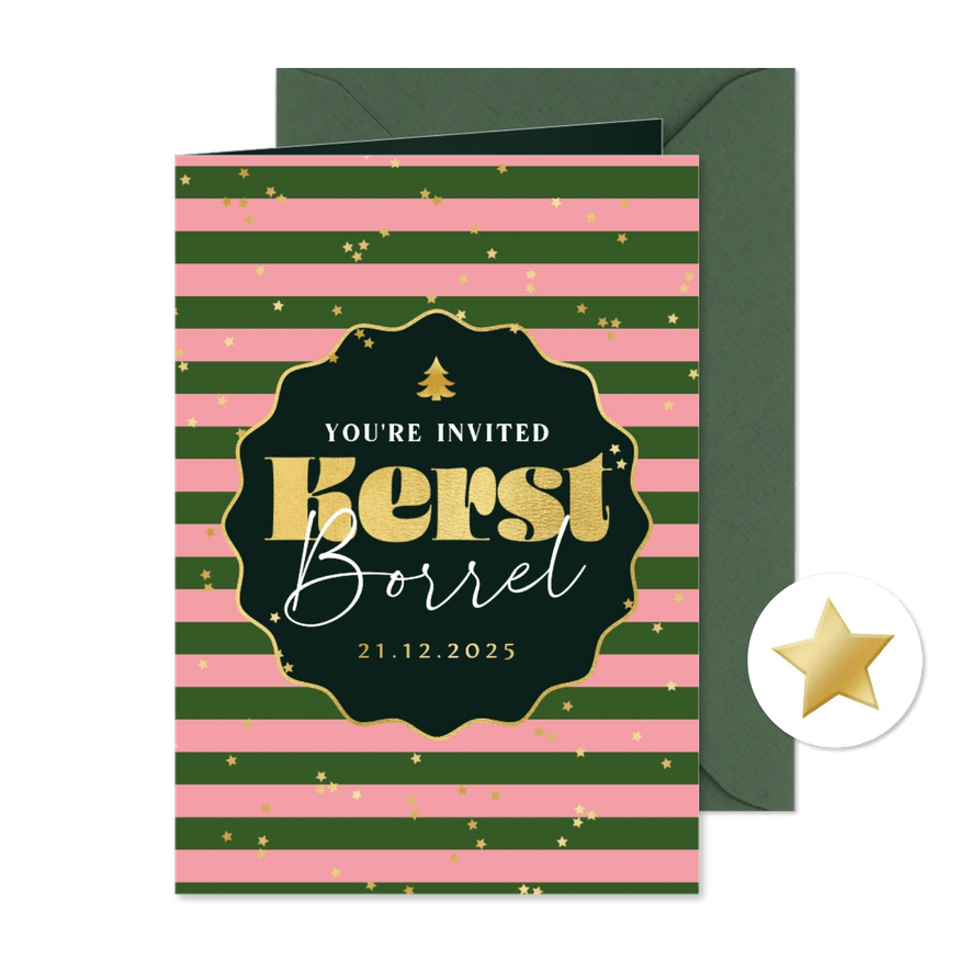 Trendy uitnodiging kerstborrel sterrenconfetti goud streep - Kaartimpressie