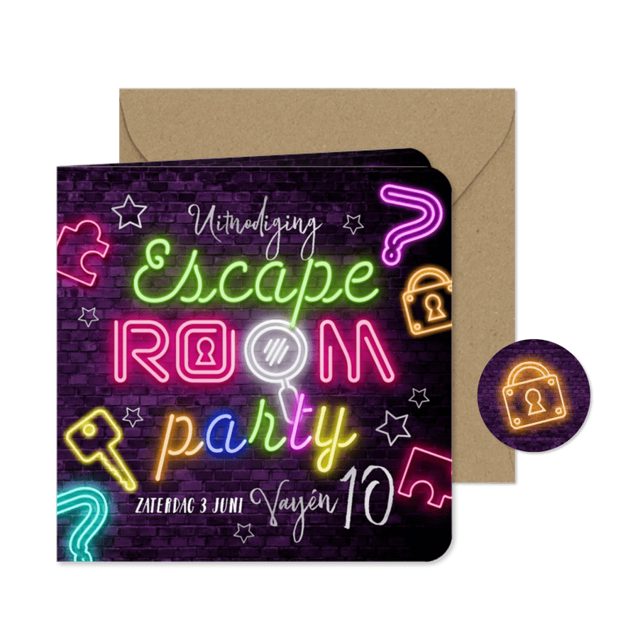 Trendy uitnodiging kinderfeest escape room neon - Kaartimpressie