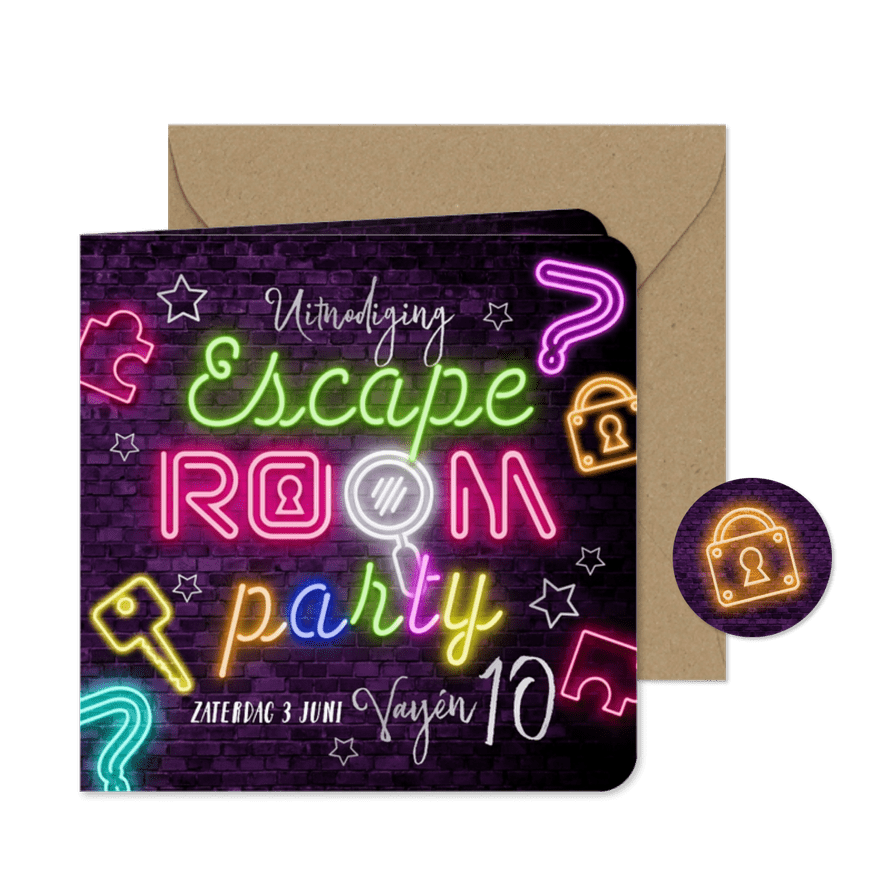 Trendy uitnodiging kinderfeest escape room neon - Kaartimpressie