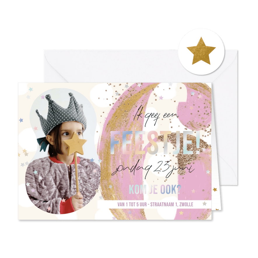 Trendy uitnodiging kinderfeestje 6 holografisch sterren - Kaartimpressie