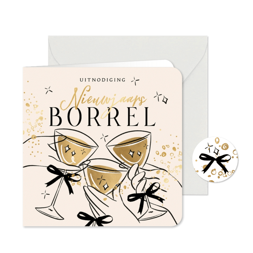 Trendy uitnodiging nieuwjaarsborrel champie cheers goud - Kaartimpressie