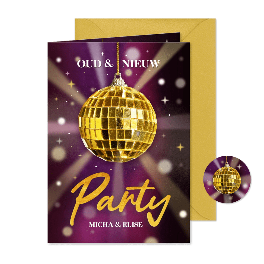 Trendy uitnodiging oud & nieuw feestje met discobal - Kaartimpressie