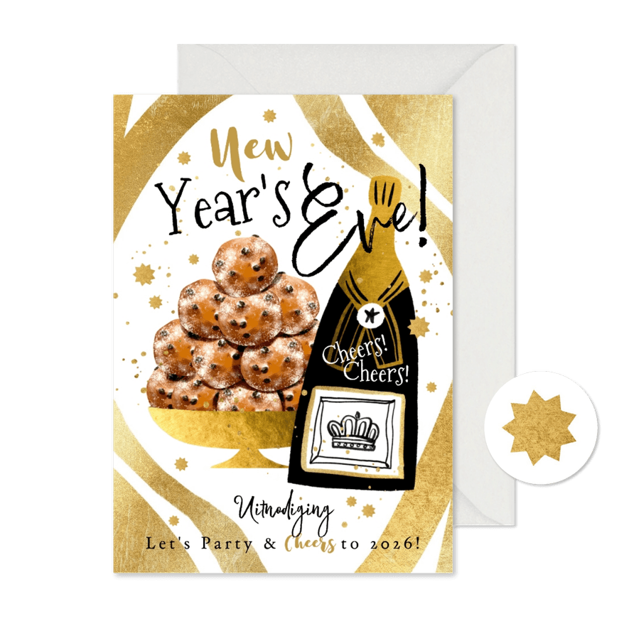 Trendy uitnodiging oudejaarsavond bubbels oliebollen goud - Kaartimpressie