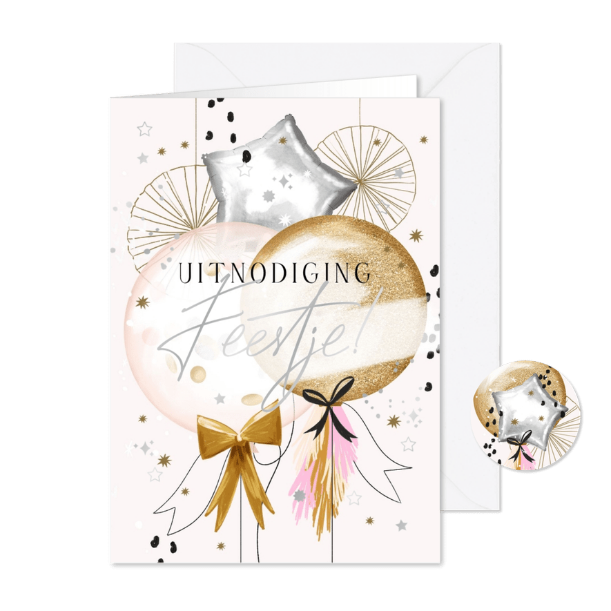 Trendy uitnodigingskaart feestje ballonnen zilver sterren - Kaartimpressie