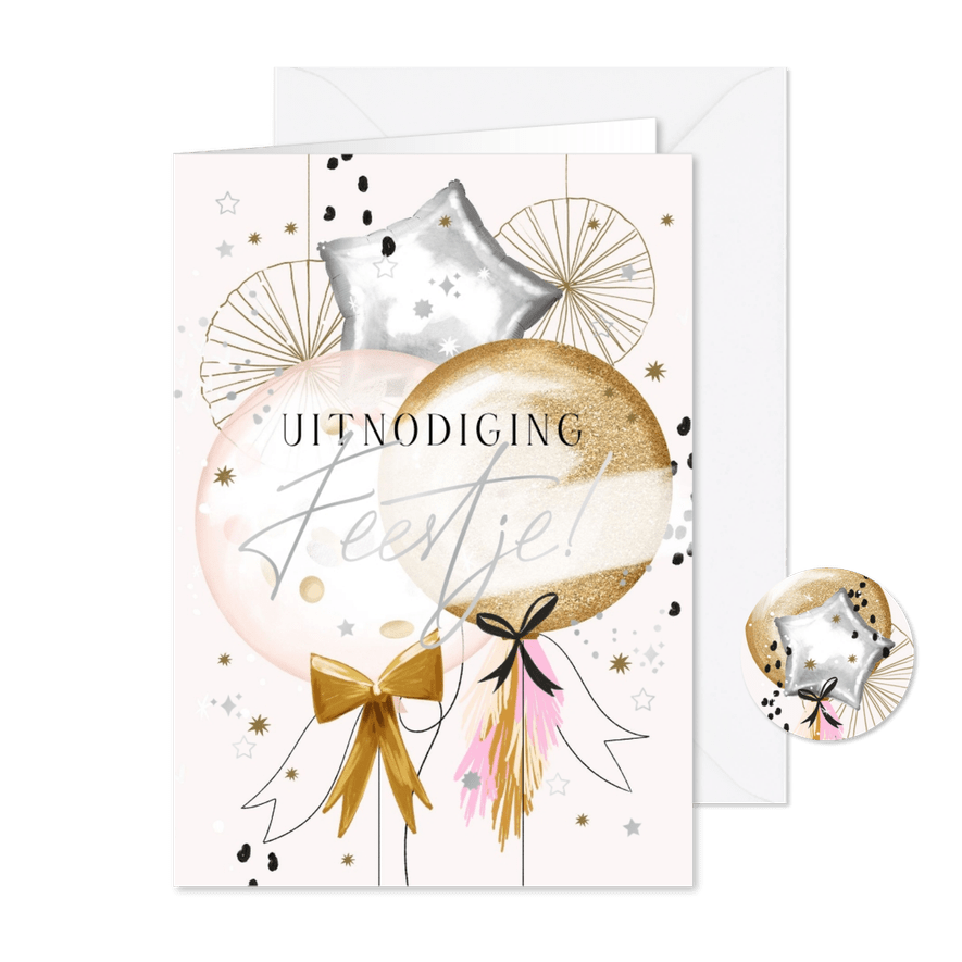 Trendy uitnodigingskaart feestje ballonnen zilver sterren - Kaartimpressie