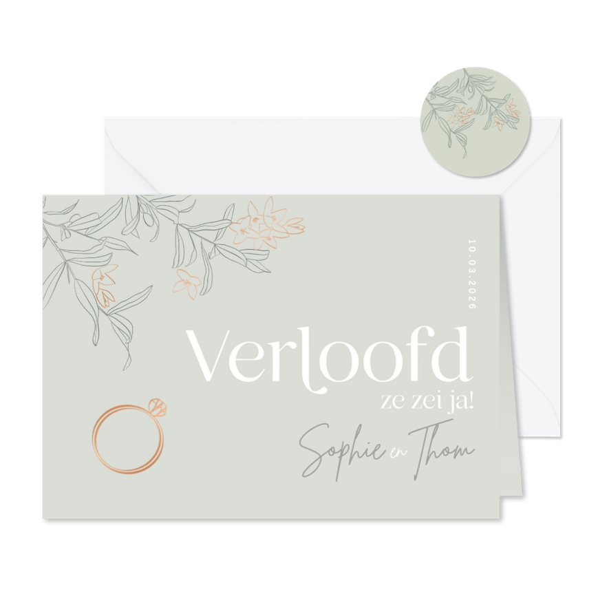Trendy verloofd kaartje olijftakjes koper verlovingsring - Kaartimpressie