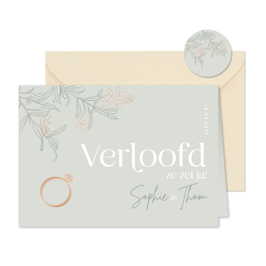 Trendy verloofd kaartje olijftakjes koper verlovingsring - Kaartimpressie