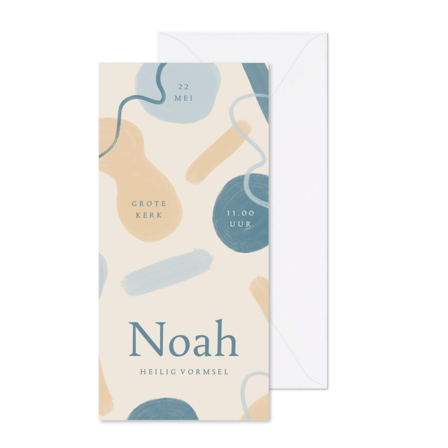 Trendy vormsel uitnodiging met geschilderde vormen blauw - Kaartimpressie