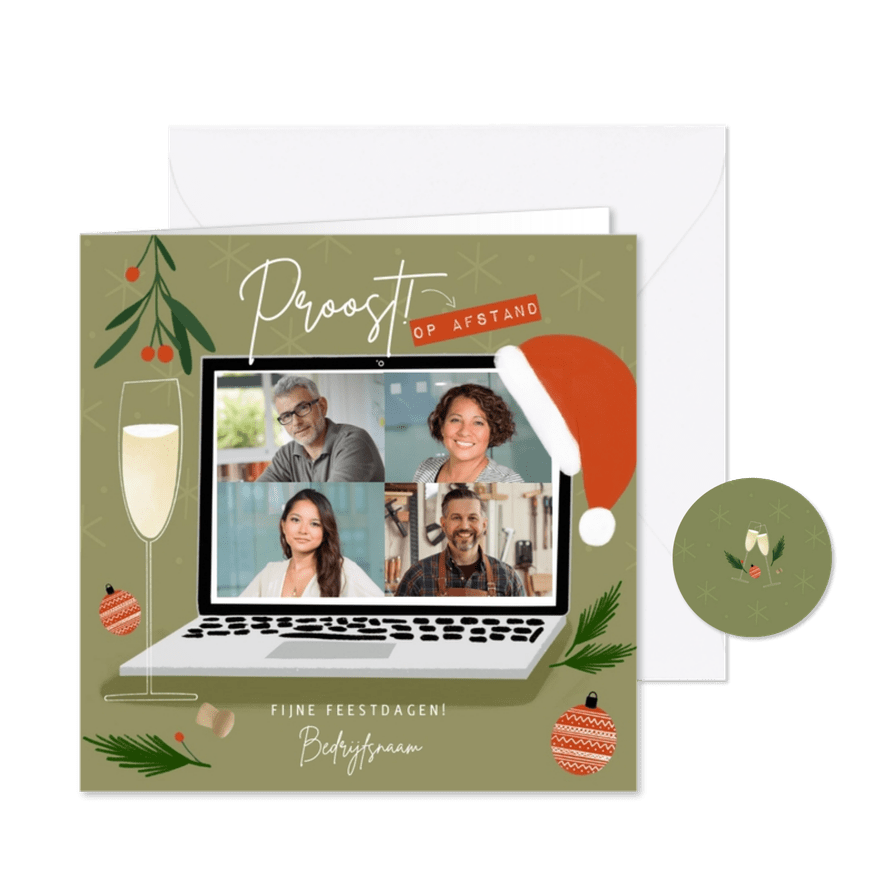 Trendy zakelijke kerstkaart borrel op afstand met laptop - Kaartimpressie
