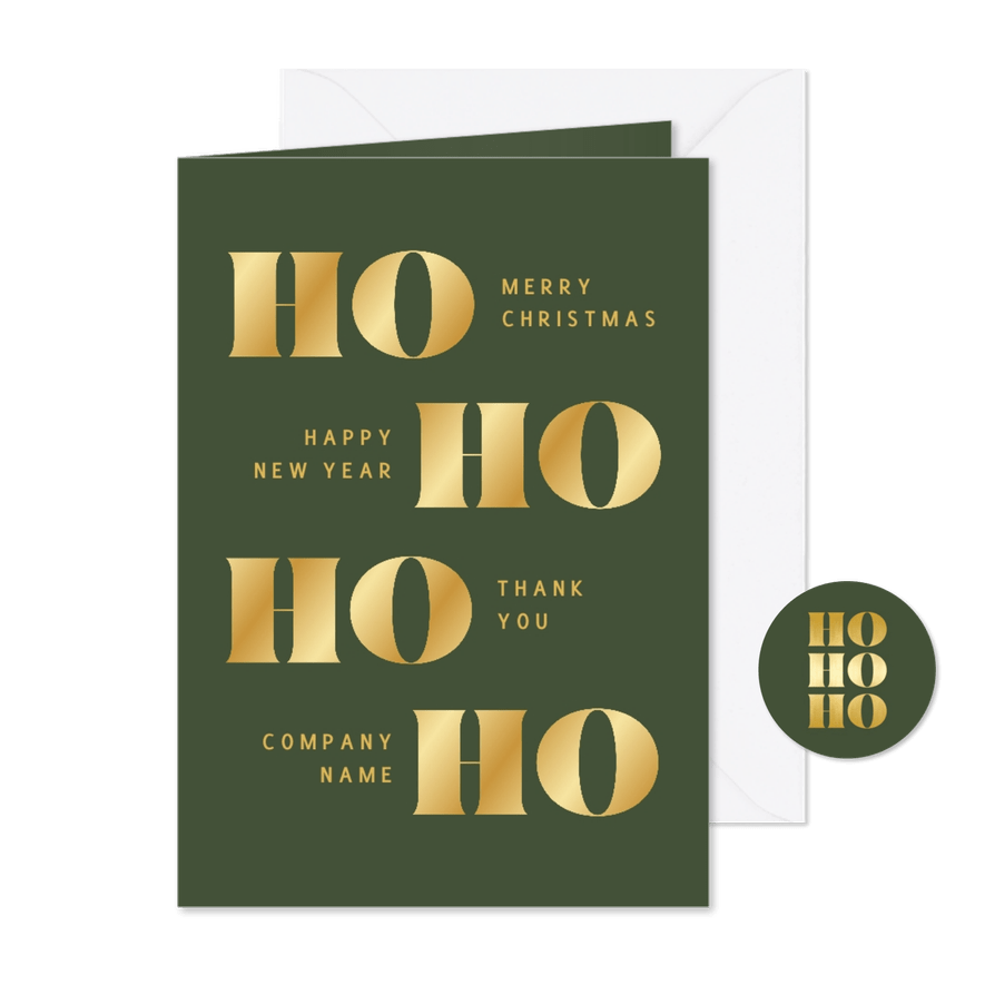 Trendy zakelijke kerstkaart HO HO HO in goudlook en groen - Kaartimpressie