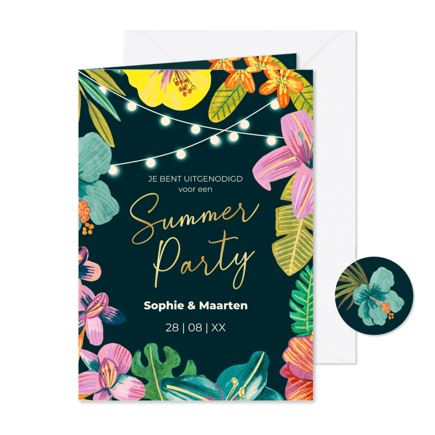 Tropisch hawaii zomer tuinfeest met bloemen en lichtjes - Kaartimpressie