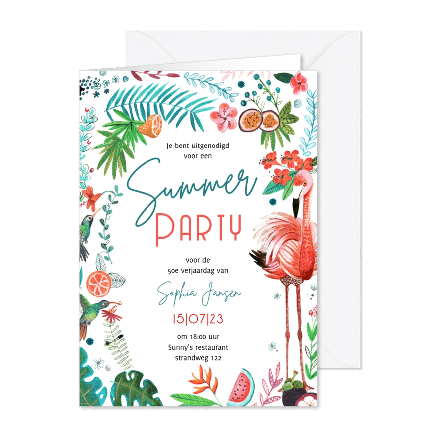 Tropisch zomers tuinfeest met bloemen en flamingo - Kaartimpressie