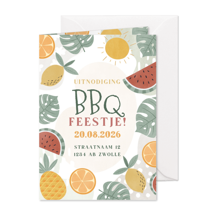 Tropische uitnodiging bbq feestje met fruit en bladeren - Kaartimpressie