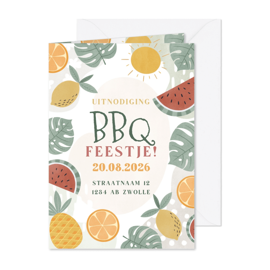 Tropische uitnodiging bbq feestje met fruit en bladeren - Kaartimpressie