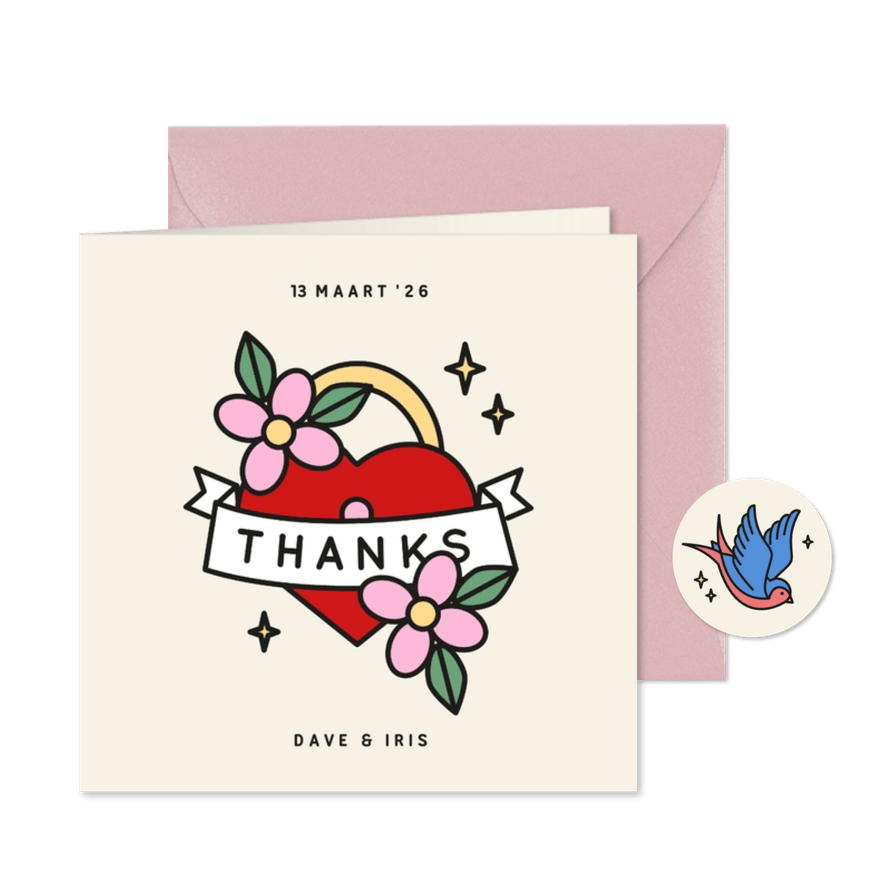 Trouw bedankkaart met tattoo style illustraties - Kaartimpressie