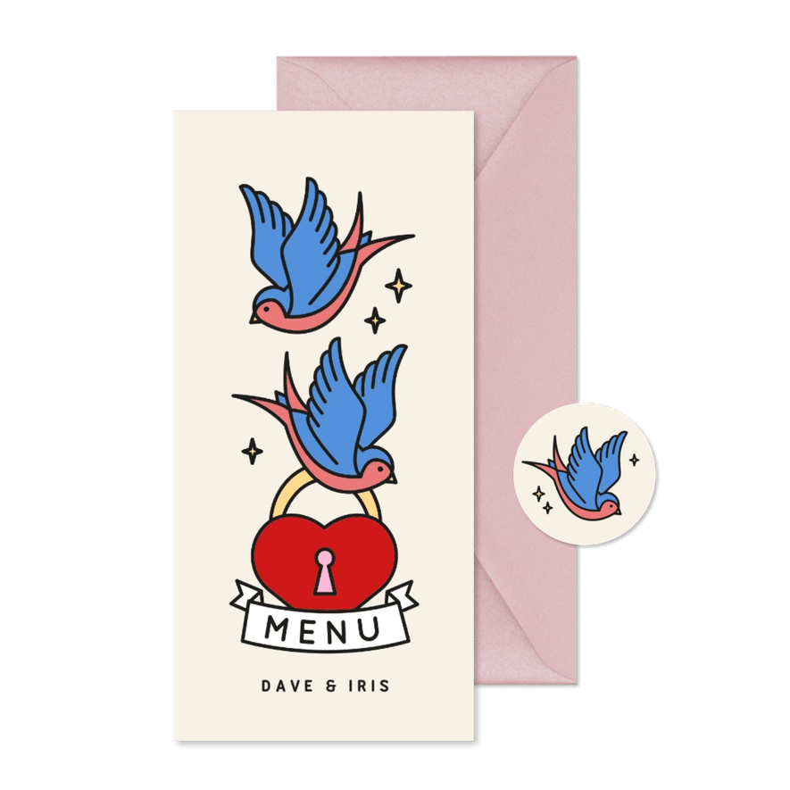Trouw menukaart met tattoo style illustratie van zwaluwen - Kaartimpressie