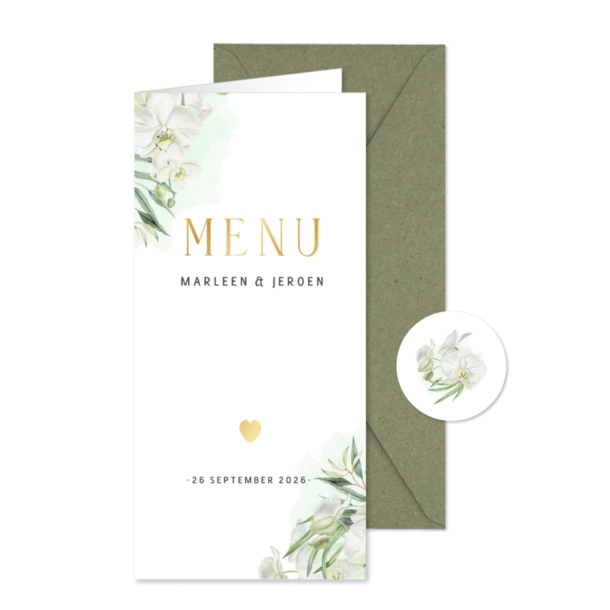 Trouw- menukaart orchideeën eucalyptus - Kaartimpressie