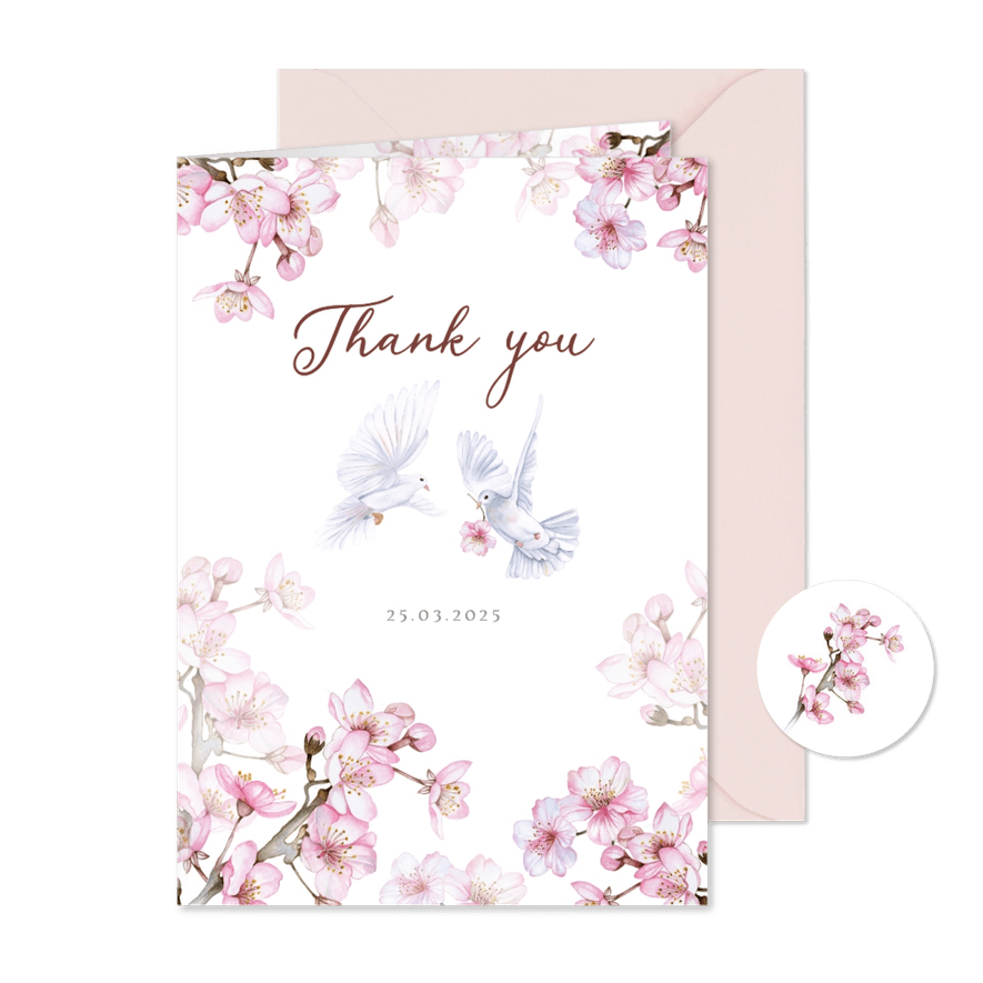 Trouwen bedankkaartje bloesem voorjaar duiven - Kaartimpressie