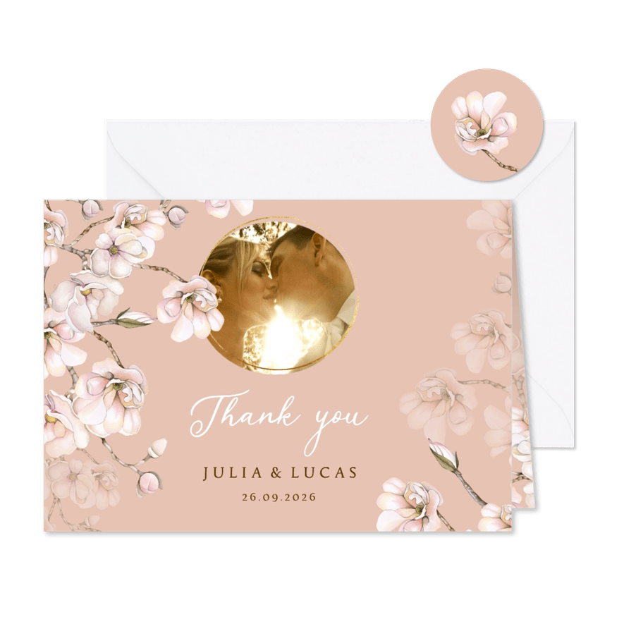Trouwen bedankt magnolia roze wit - Kaartimpressie