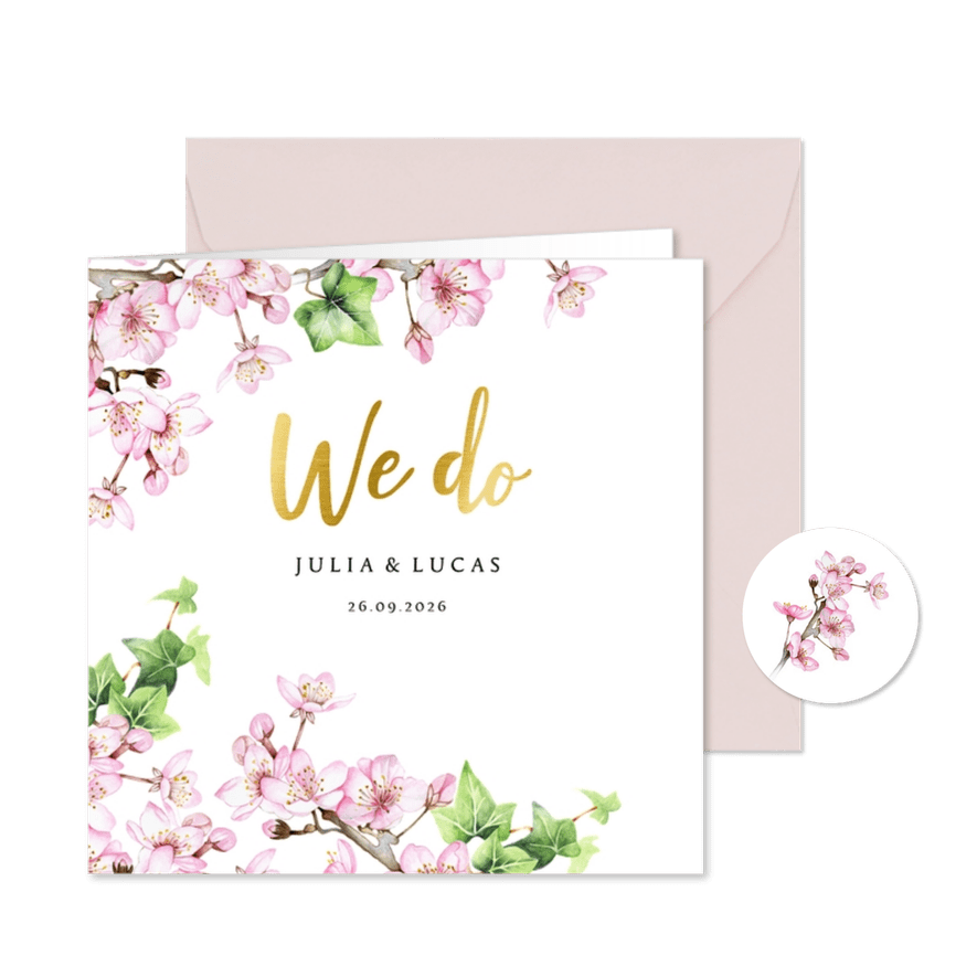 Trouwen bloesem klimopblad - Kaartimpressie