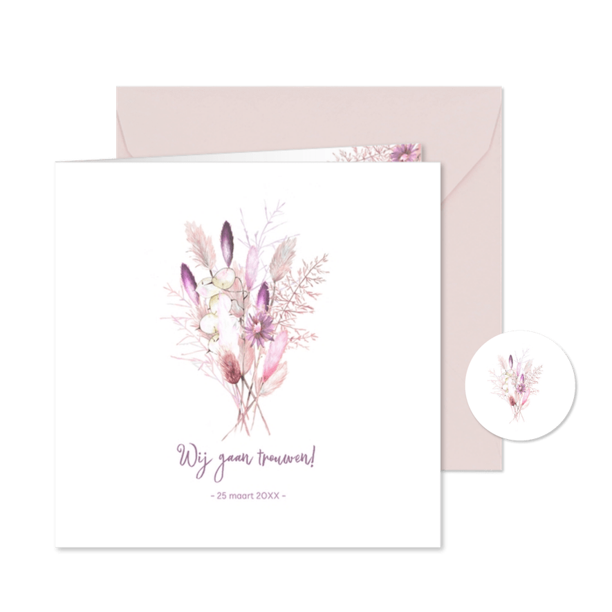Trouwen droogbloemen paars - Kaartimpressie