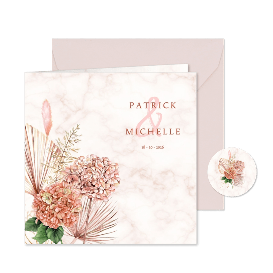 Trouwen hortensia droogbloemen - Kaartimpressie