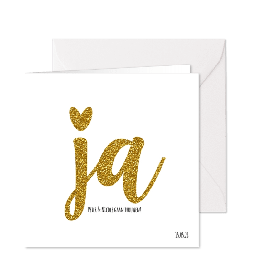 Trouwen JA modern goud glitter - Kaartimpressie