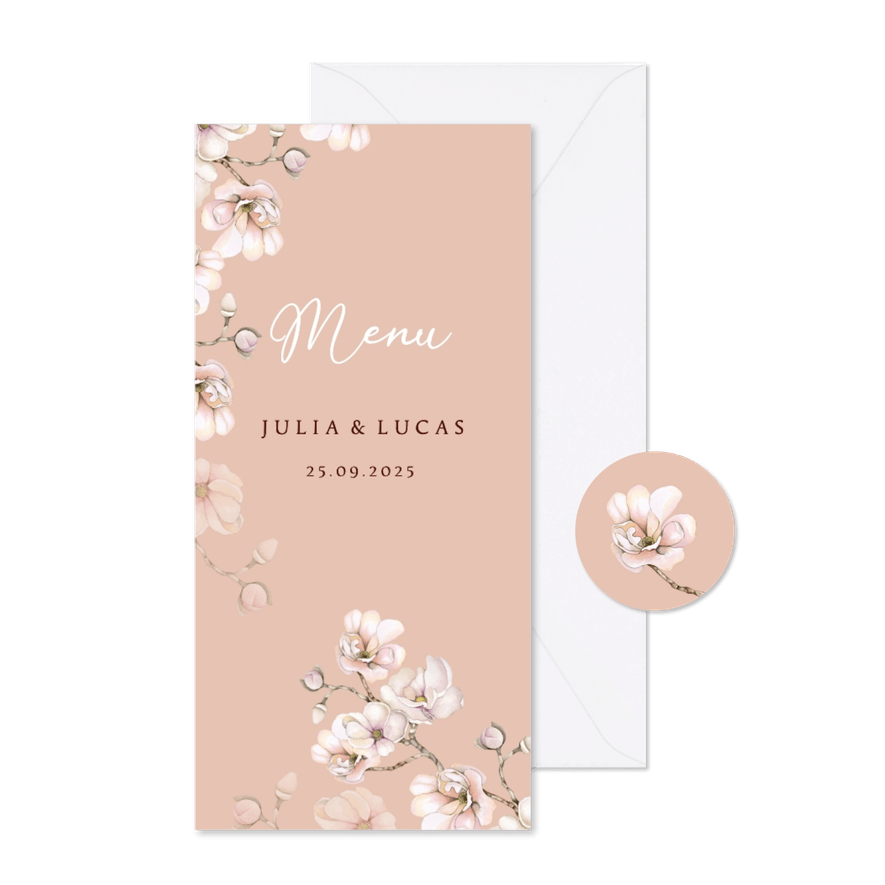 Trouwen menu magnolia roze wit - Kaartimpressie