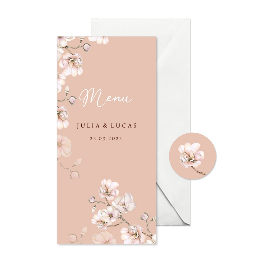 Trouwen menu magnolia roze wit - Kaartimpressie