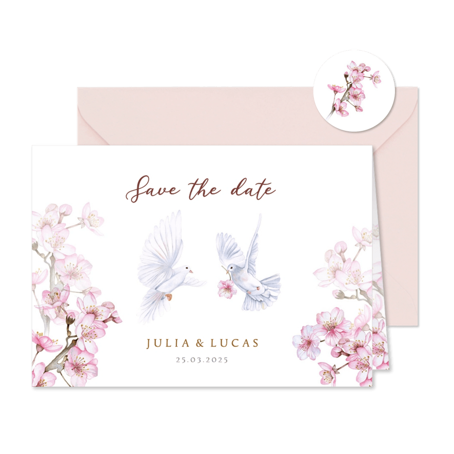 Trouwen save the date bloesem duiven - Kaartimpressie