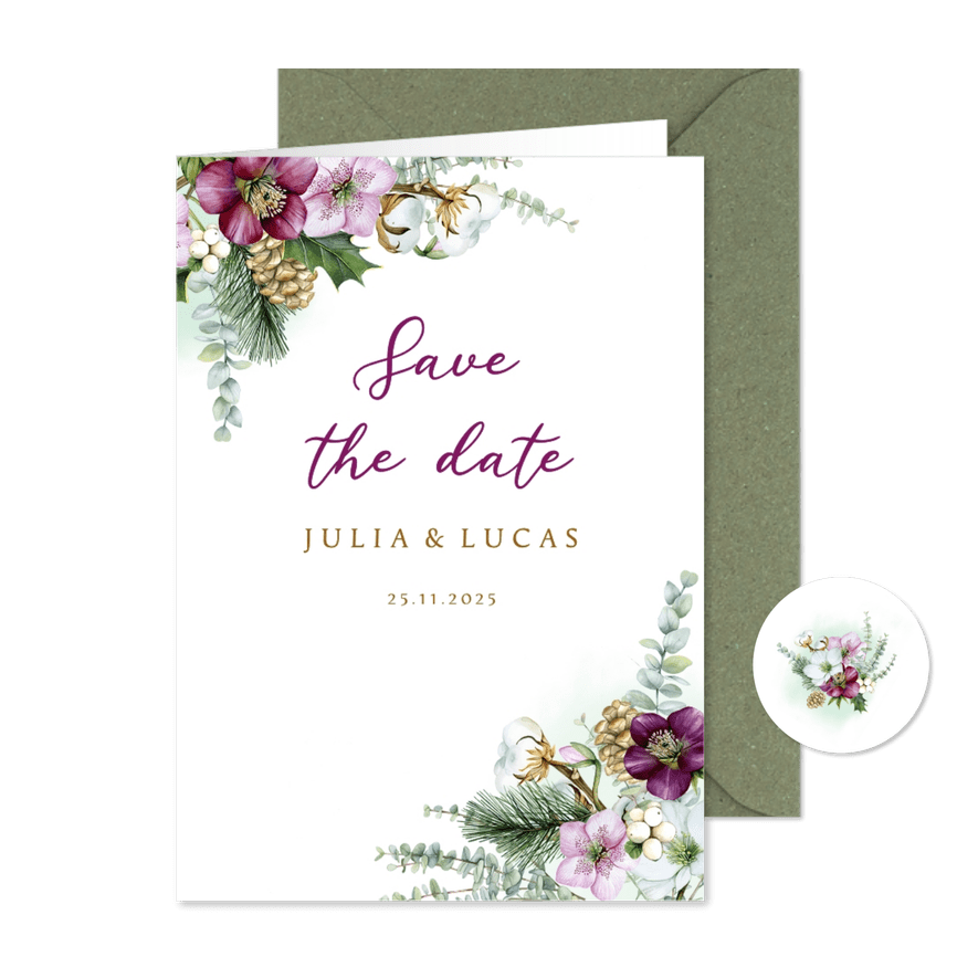 Trouwen Save the date helleborus eucalyptus - Kaartimpressie