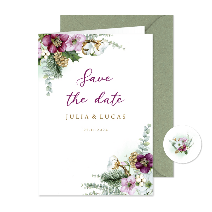 Trouwen Save the date helleborus eucalyptus - Kaartimpressie