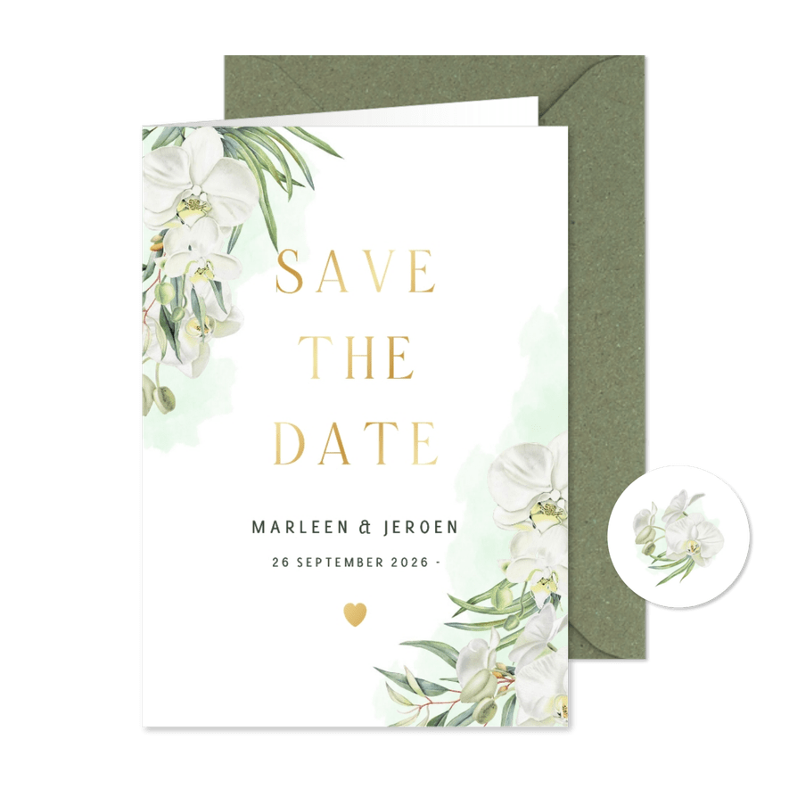 Trouwen Save the date orchideeën eucalyptus - Kaartimpressie