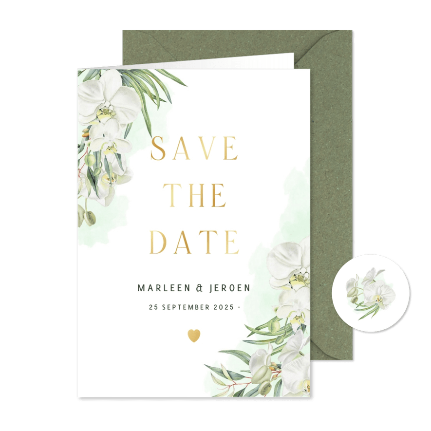 Trouwen Save the date orchideeën eucalyptus - Kaartimpressie