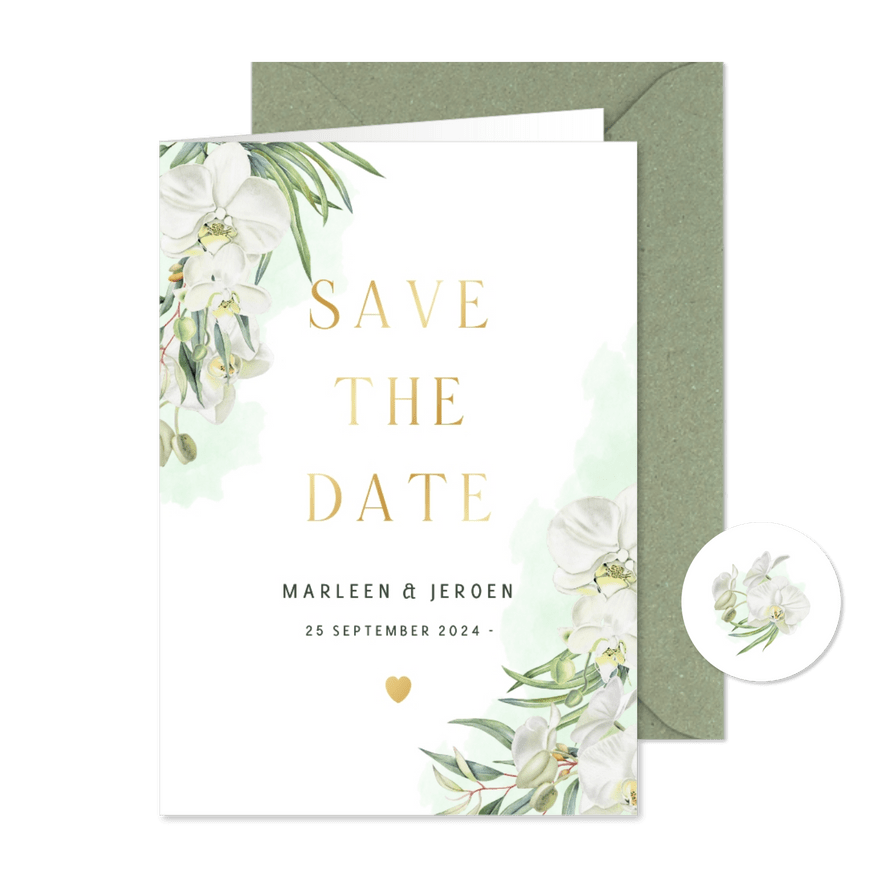 Trouwen Save the date orchideeën eucalyptus - Kaartimpressie