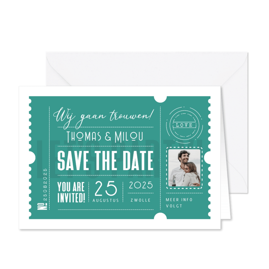Trouwkaart als ticket hip save the date - Kaartimpressie
