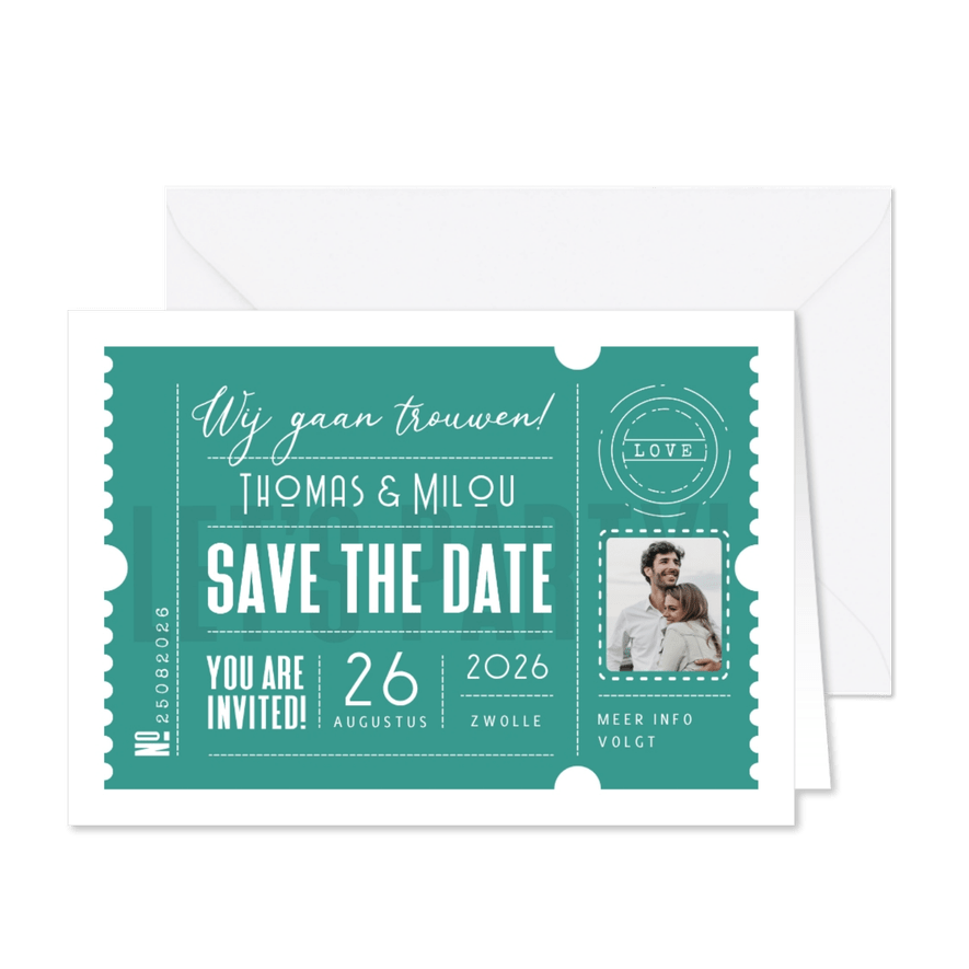 Trouwkaart als ticket hip save the date - Kaartimpressie