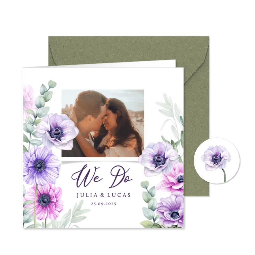 Trouwkaart anemoontjes eucalyptus - Kaartimpressie