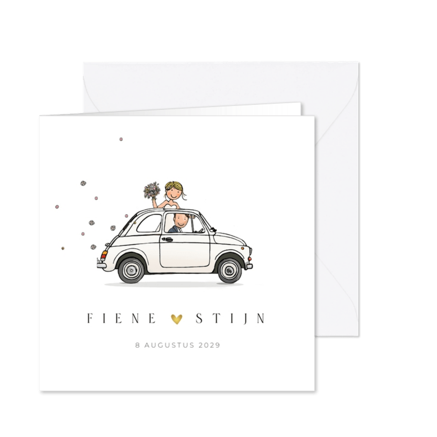 Trouwkaart auto wit hartjes goud av - Kaartimpressie