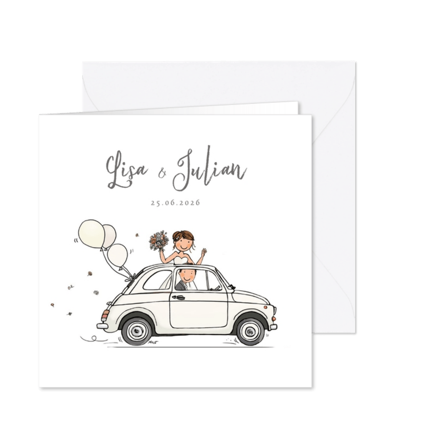 Trouwkaart auto wit met bruidspaar - Kaartimpressie