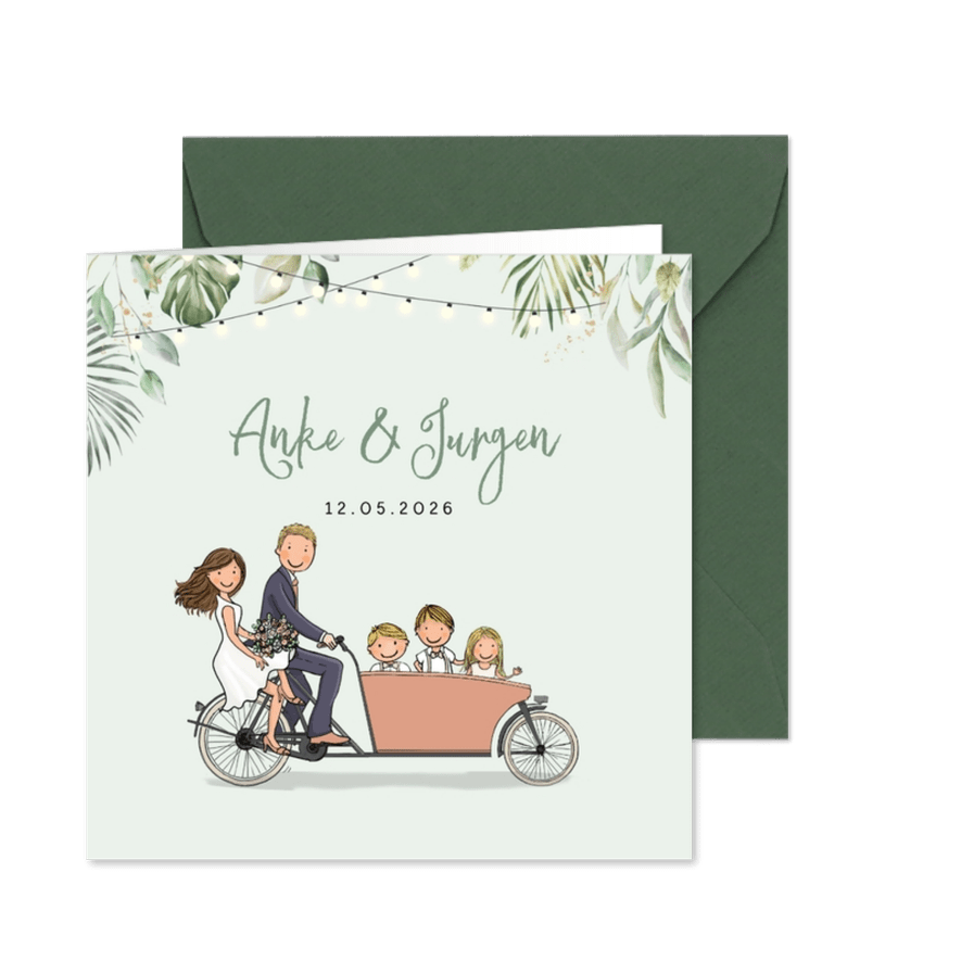 Trouwkaart bakfiets confetti av - Kaartimpressie